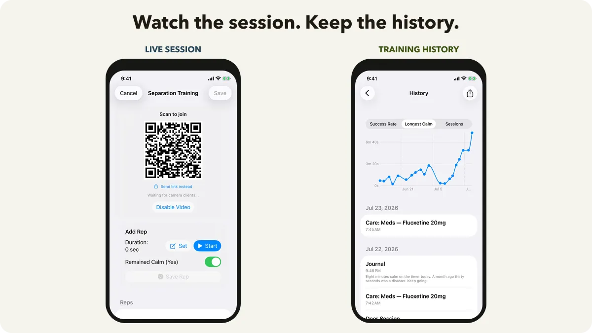 Calm Away's session setup and training history screens displayed side by side.