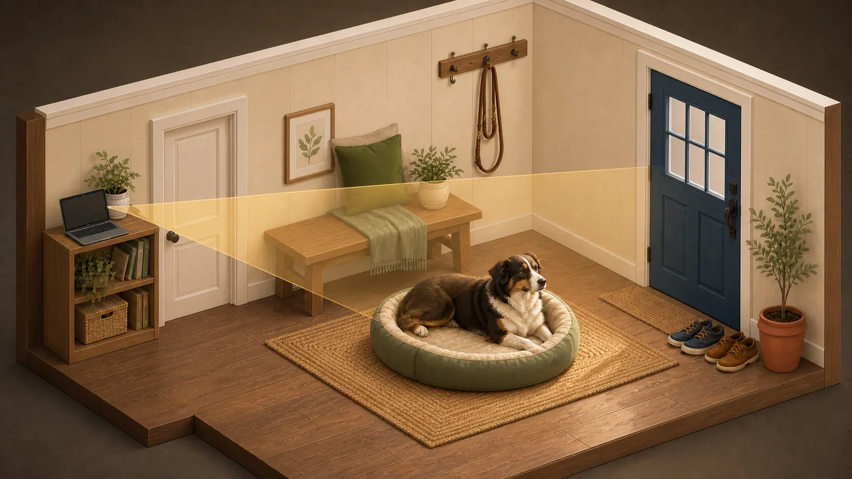 An isometric room rendering showing a laptop camera's view covering both the door and the dog's bed.