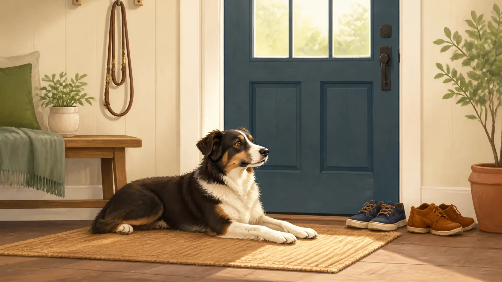 A relaxed dog lying on a rug by a front door, with a leash and shoes nearby.