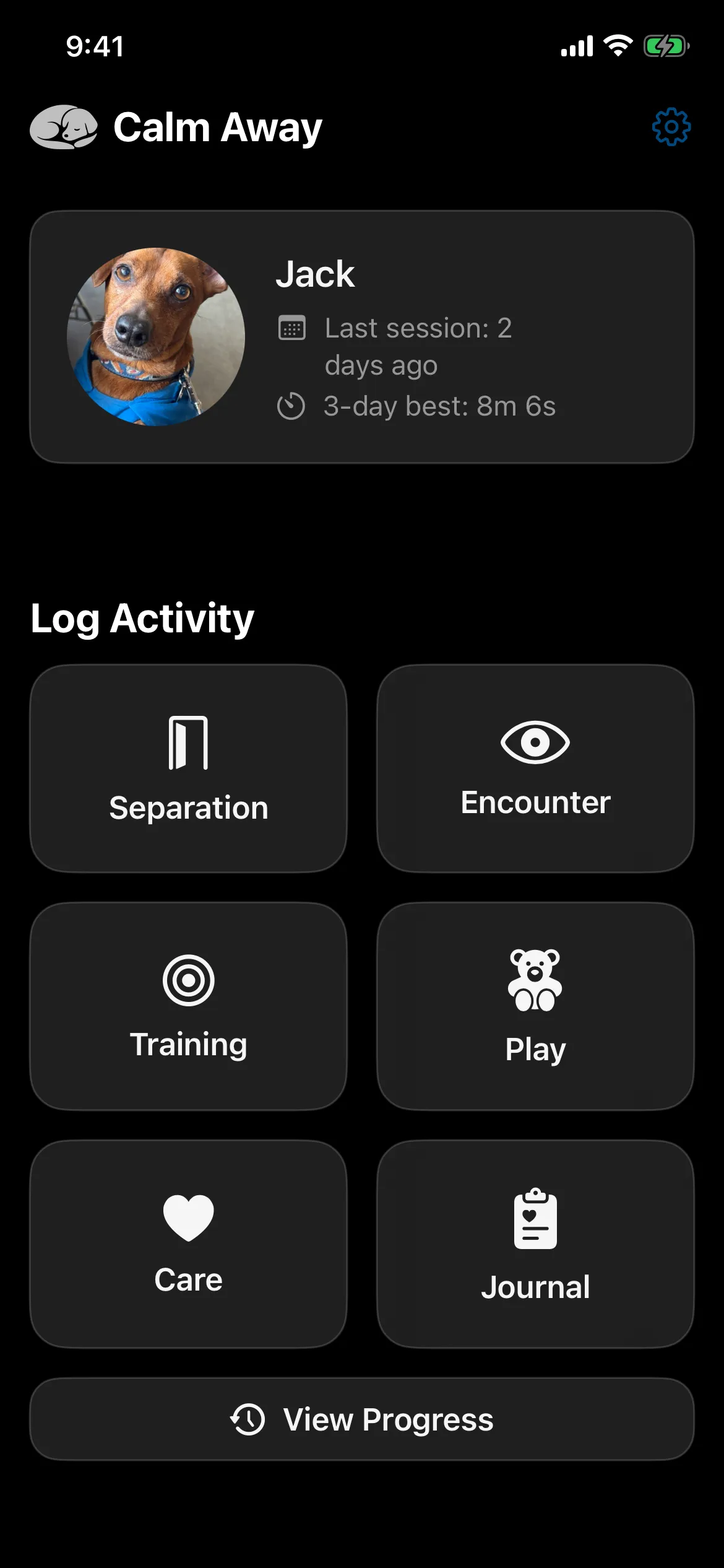 Calm Away home screen showing Jack's profile, last session, and activity tiles