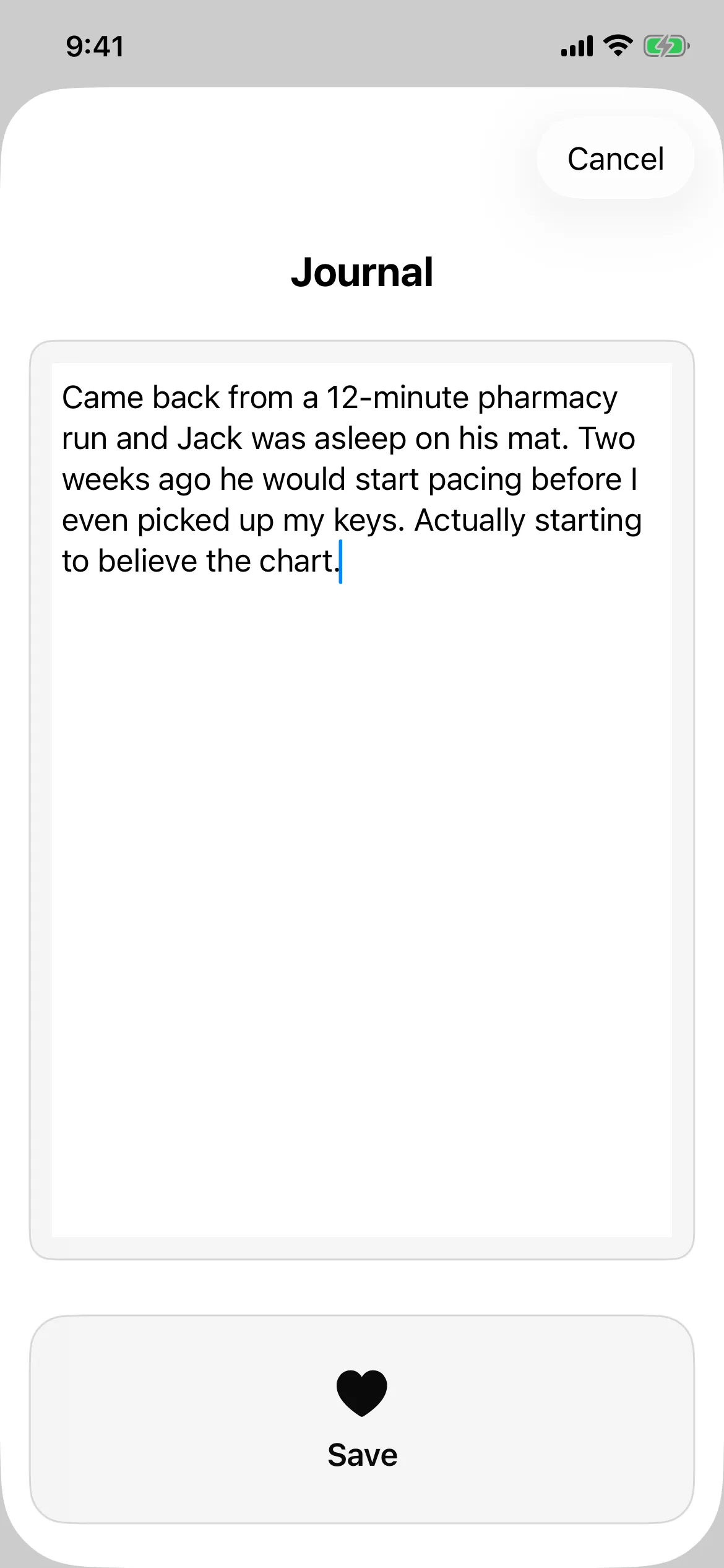 Calm Away journal screen with an observation about Jack staying calm during a pharmacy run