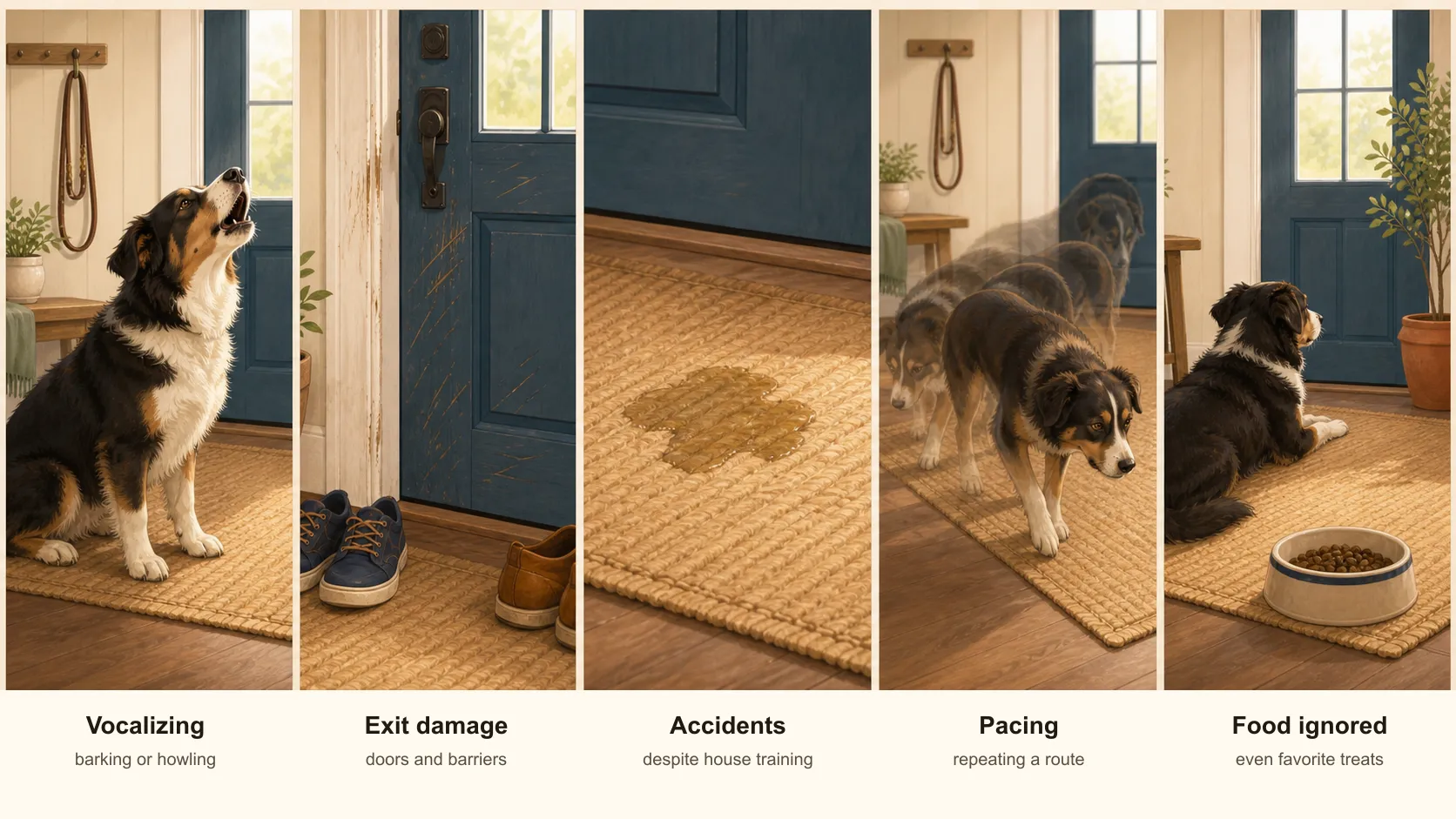 Five illustrated signs of separation anxiety: vocalizing, exit damage, accidents, pacing, and ignored food.
